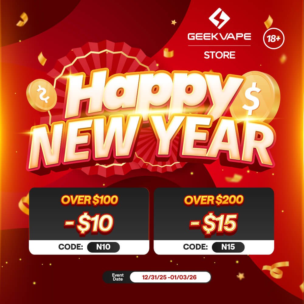 Happy New Year promotional creative with bright red background.